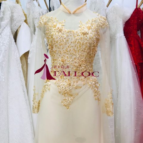 Áo Dài Cưới Cô Dâu Màu Vàng Kết Cườm ( KH V4)