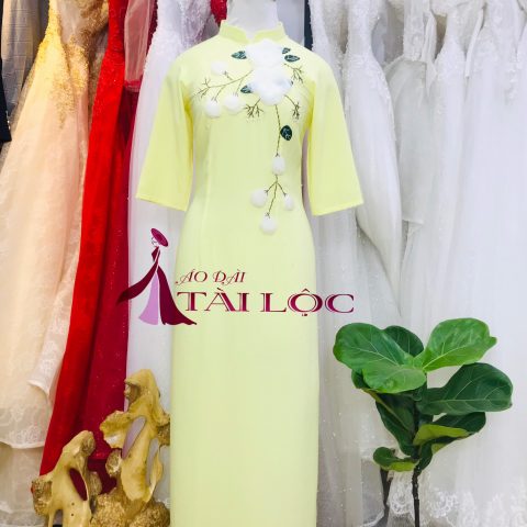 Áo Dài Bưng Quả Màu Vàng Truyền Thống Tà Dài (MS10)