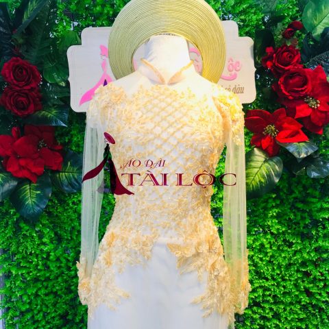 Áo Dài Cưới Màu Vàng Kết Cườm Vàng ( KH V5)