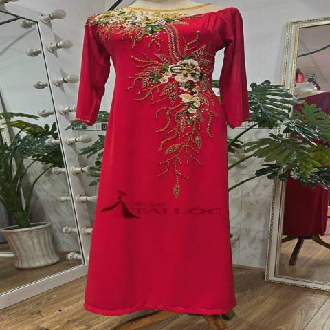 Áo dài bà sui đỏ lưới cổ 4 tà- BSD77