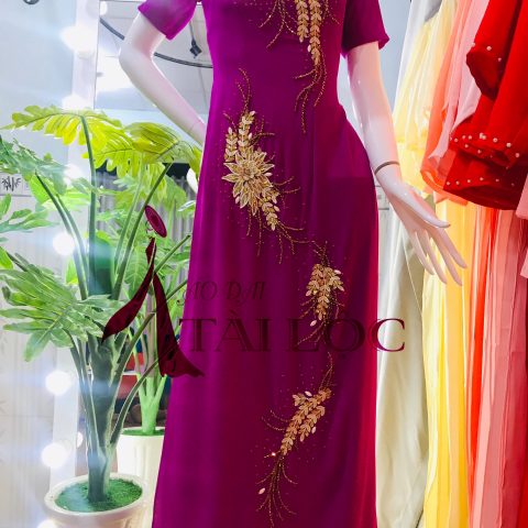 Áo Dài Bà Sui Hồng 4 Tà Tay Ngắn