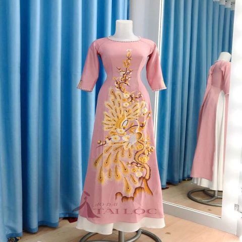 Áo dài bà sui hồng phấn lụa tây thi thêu- BSHT59