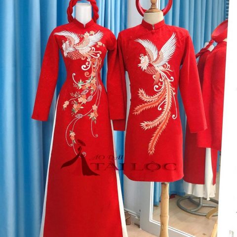 Áo Dài Cặp Đỏ Thêu Khổng Tước