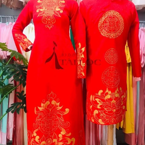 Áo Dài Cặp Đỏ Vẽ Họa Tiết C-GV3