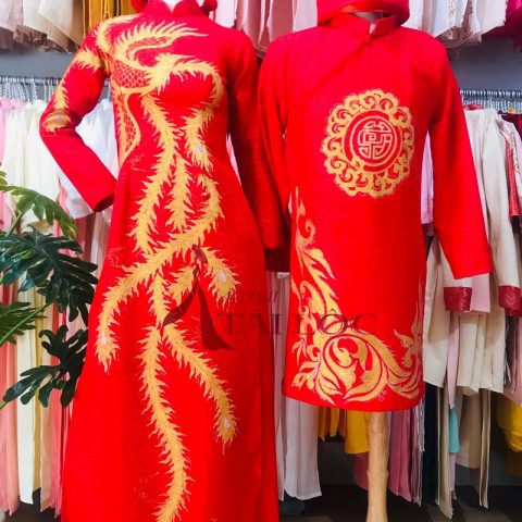 Áo Dài Cưới Cặp Đỏ Vẽ Phượng CD-G13