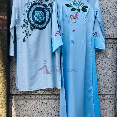 Áo Dài Cặp Màu Xanh Vẽ