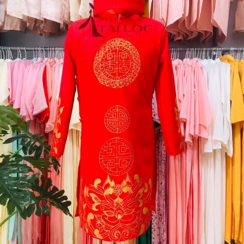 Áo Dài Cưới Chú Rể Màu Đỏ Vẽ CR-G3