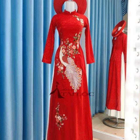 Áo Dài Cưới Đỏ Gấm Thêu Chim Công CDD-G26