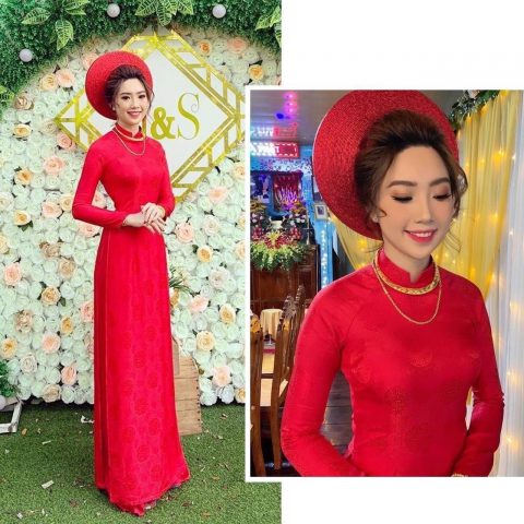 Áo Dài Cưới Màu Đỏ Gấm Trơn Đồng Tiền CDD-GL16