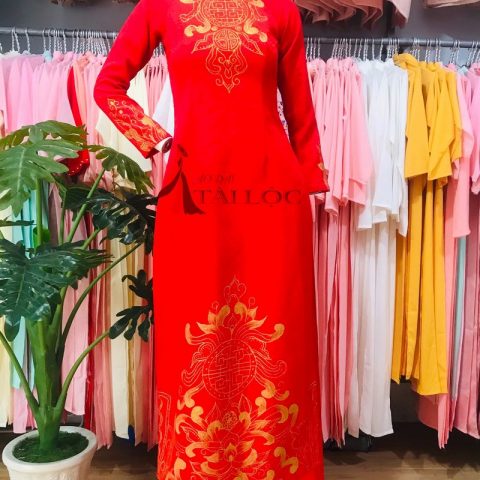 Áo Dài Cưới Màu Đỏ Vẽ Sơn Dầu CD-GV3