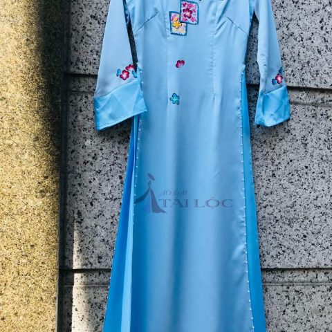 Áo Dài Cưới Cô Dâu Màu Xanh Vẽ