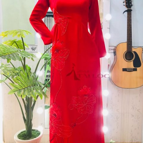 Áo Dài Cưới Đỏ Lụa Kết Sen