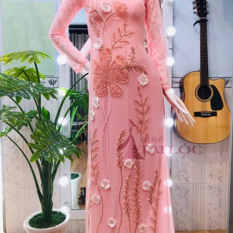 Áo Dài Cưới Hồng Kết Hoa CDH-R1