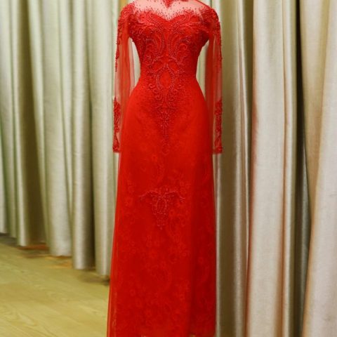 Áo Dài Cưới Màu Đỏ Ren Xoài Non CDD-RXN34