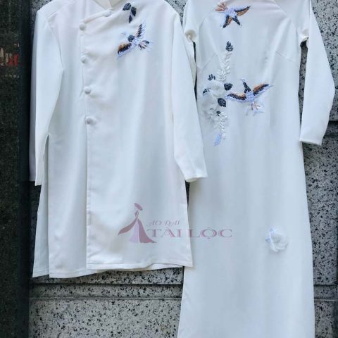 Áo Dài Cưới Cặp Trắng Chim Ruybon T-G8