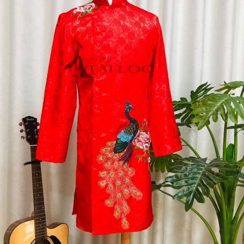 Áo Dài Cưới Chú Rể Đỏ Thêu Hoa Hồng CRD-G4