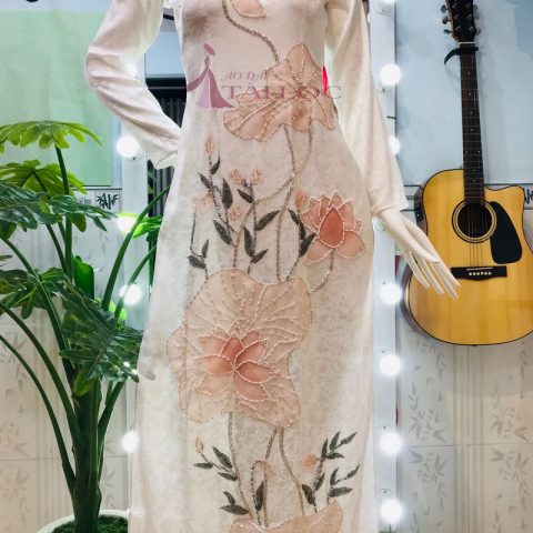 Áo Dài Cưới Trắng Gấm Kết Sen CDT-GS1