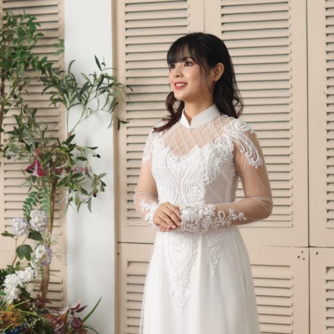 Áo dài cưới màu trắng vải ren (Ms