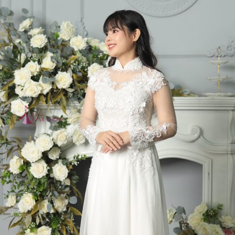 Áo dài cô dâu vải ren màu trắng (ms