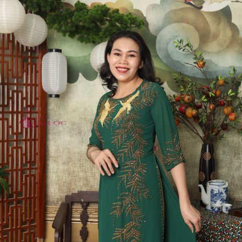 Áo Dài bà sui xanh rêu 4 tà (ms