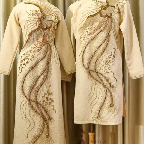 Áo Dài Cặp Cô Dâu Chú Rể Màu Vàng Gấm Phượng (KH G5 )