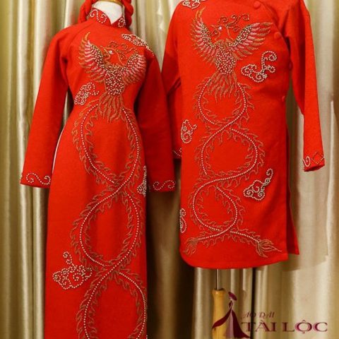 Áo Dài Cặp Cô Dâu Chú Rể Màu Đỏ Gấm Phượng (KH G14)