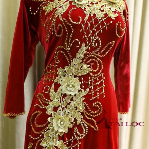 Áo Dài Bà Sui Màu Đỏ Vải Nhung 5 Bông (MSP- MS1)