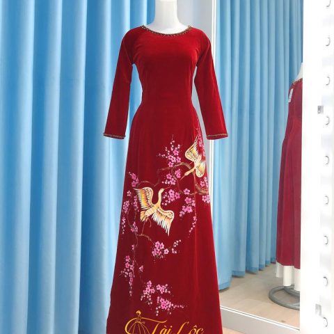 Áo Dài Bà Sui Đỏ Đô Vải Nhung Hạc Đào