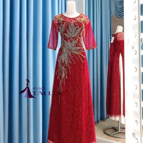 Áo dài bà sui đỏ ren kim sa đẹp