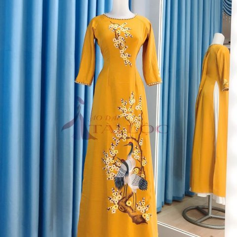 Áo Dài Bà Sui Màu Vàng Vải Lụa Tây Thi Hạc Hoa Mai(BSV-LTT1)