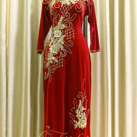 Áo Dài Bà Sui Màu Đỏ Đô Hoa Vàng