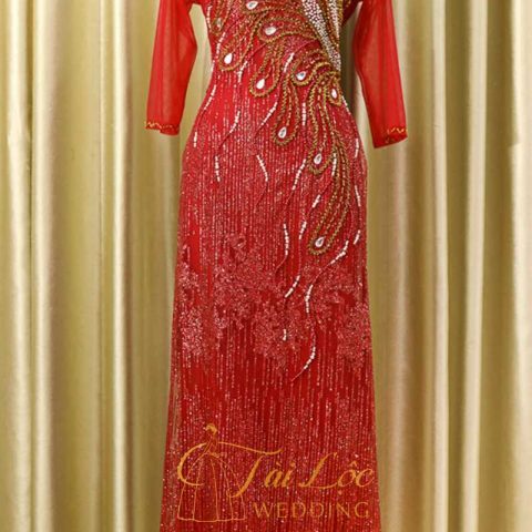 Áo Dài Bà Sui Màu Đỏ Đô Tay Lưới Kim Tuyến Cao Cấp