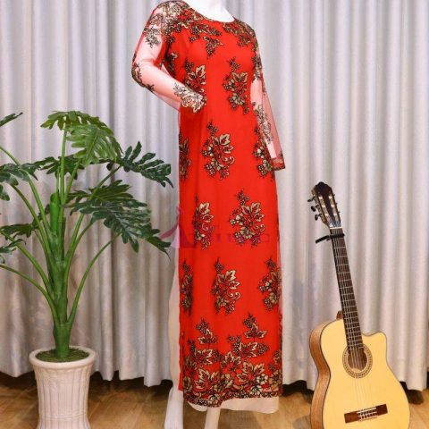 Áo Dài Bà Sui Màu Đỏ Tươi Ren Hoa- BSDR-42