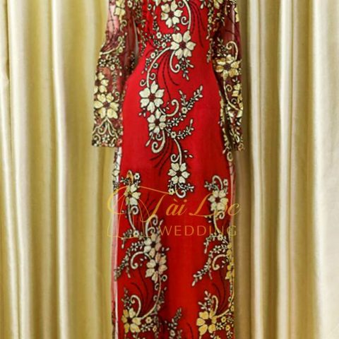 Áo Dài Bà Sui Màu Đỏ Ren Hoa Hồng