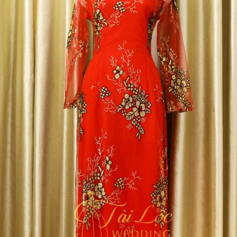 Áo Dài Bà Sui Màu Đỏ Tươi Hoa