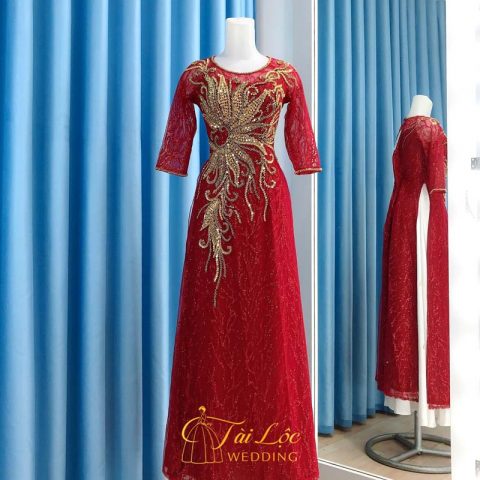 Áo Dài Bà Sui Màu Đỏ Vải Ren Hoa Cao Cấp