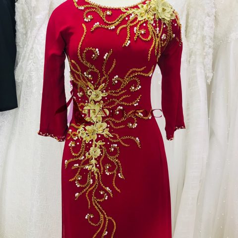 Áo Dài Bà Sui Màu Đỏ Kết Cườm Vàng(D4)