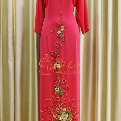 Áo Dài Bà Sui Màu Hồng Cánh Sen Cổ Cườm