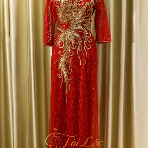 Áo Dài Bà Sui Màu Đỏ Cườm Vàng Cao Cấp