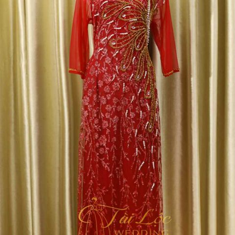 Áo Dài Bà Sui Màu Đỏ Vải Ren 6 Tà