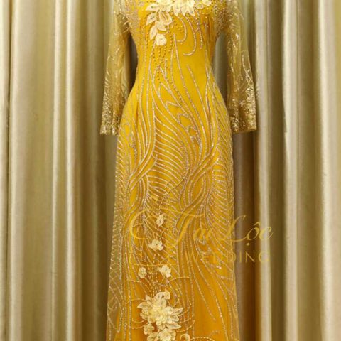 Áo Dài Bà Sui Màu Vàng Cườm Sợi Hoa