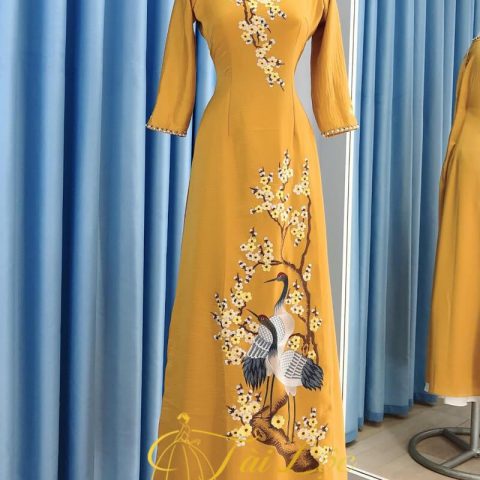 Áo Dài Bà Sui Màu Vàng Hạc Thêu Hoa Mai Cao Cấp
