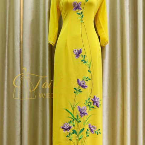 Áo Dài Bà Sui Màu Vàng Vải Lụa Vẻ Hoa
