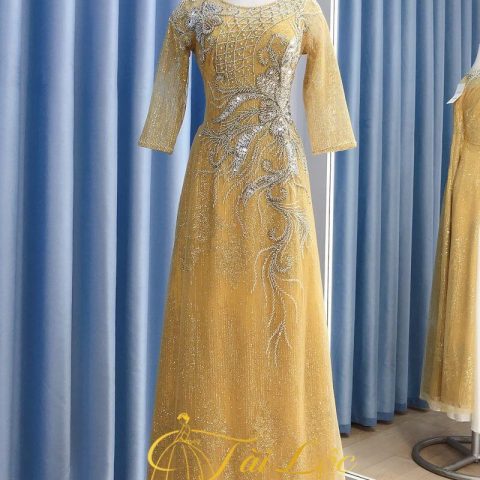 Áo Dài Bà Sui Màu Vàng Vải Ren Cao Cấp 4 Tà