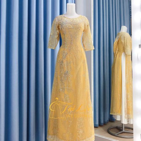 Áo Dài Bà Sui Màu Vàng Vải Ren Sợi Hoa