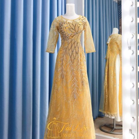 Áo Dài Bà Sui Màu Vàng Vải Ren Lá Liễu