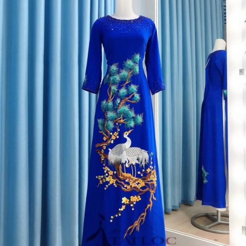 Áo Dài Bà Sui Màu Xanh Coban Thêu Chim Hạc BSXT-56