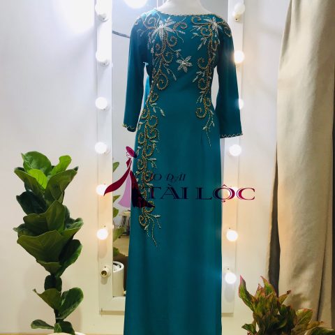 Áo Dài Bà Sui Màu Xanh Vải Lụa Ren Vàng (MSP- DT2)