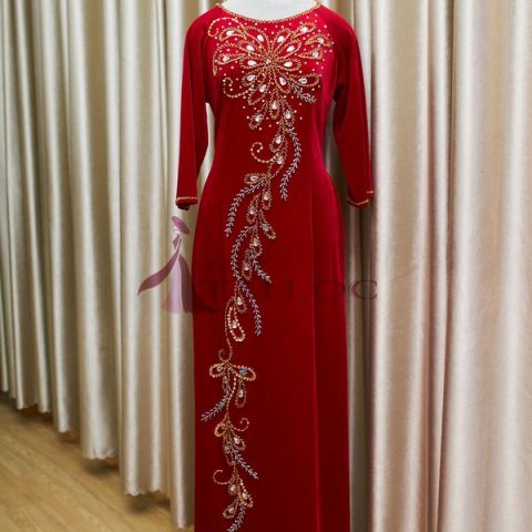 Áo Dài Bà Sui Vải Nhung Màu Đỏ Đính Đá ( MSP- MS4)