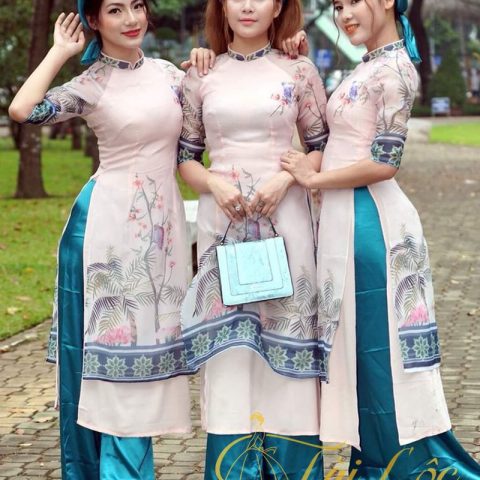 Áo Dài Bưng Quả Cách Tân Màu Hồng Cây Dừa